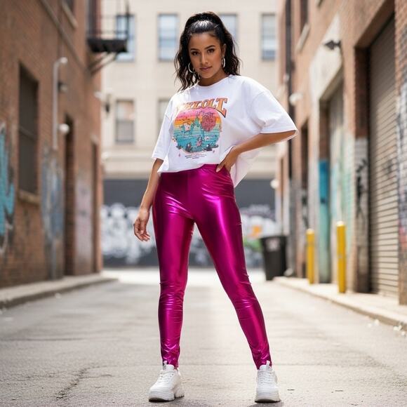 Hot Pink Metallic Liquid Leggings – Fuchsia Foil High-Waist Stretch Pants Size L - Picture 1 of 5
